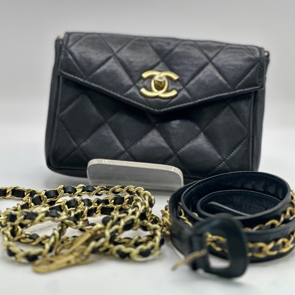 CHANEL Black Quilted leather belt bag with Crossbody Chain
